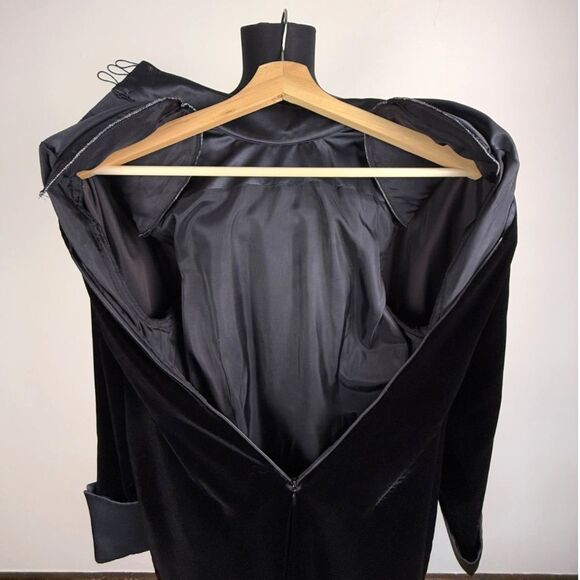 Vintage 80s Depêche Mode Black Velvet Cocktail Dress Satin Trim Mock Neck Korea - Picture 9 of 10